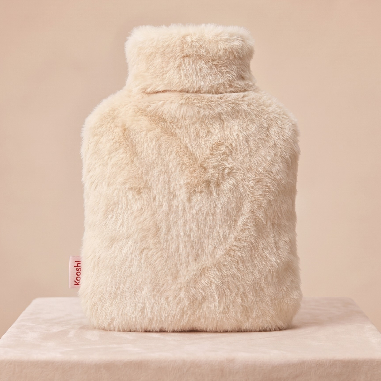 Beige fluffy hot water bottle on a beige background